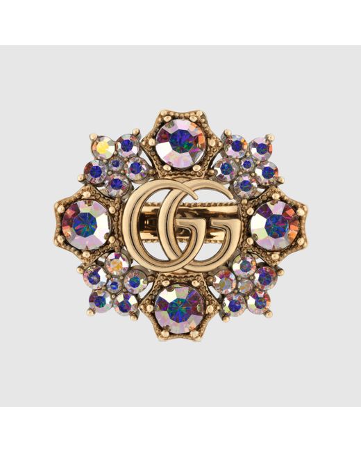 Gucci ダブルg クリスタル フラワー リング, ゴールド, ゴールドトーン メタル Multicolor