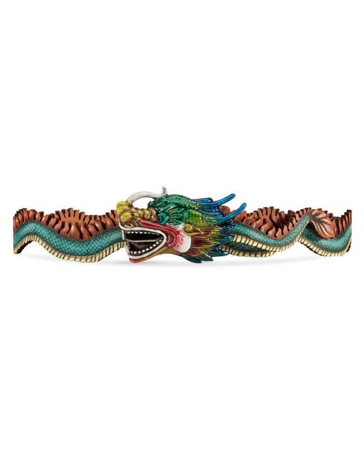 Gucci Green Leather Belt With Dragon Buckle for men