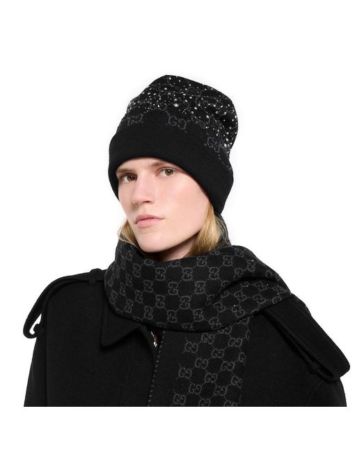 Gucci Black Gg Wool Beanie Hat With Crystals