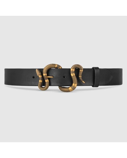 Gucci Black Leather Belt With Snake Buckle for men