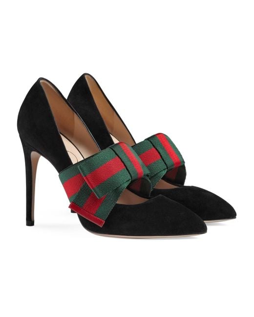 Gucci Suede Pump With Removable Web Bow in Black | Lyst