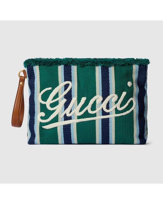 Gucci Green Embroidered Large Canvas Pouch, Fabric for men