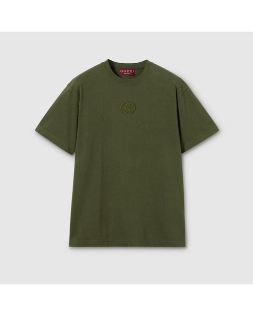 Gucci Green Cotton Jersey T-Shirt With Embroidery for men