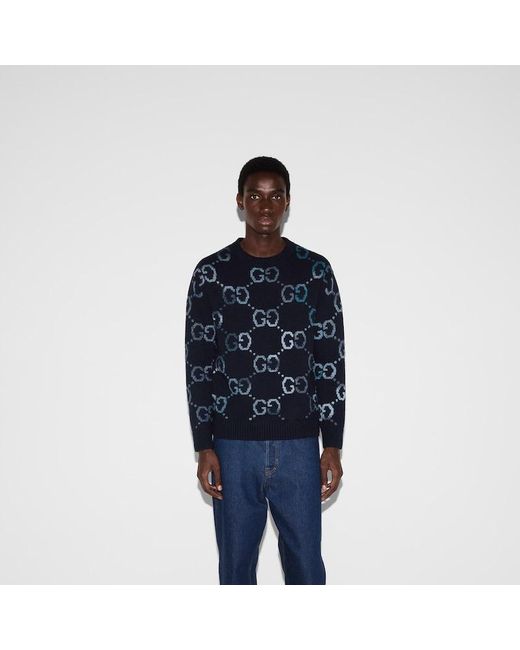 Gucci Blue Wool Sweater With Gg Intarsia, Ready-To-Wear for men