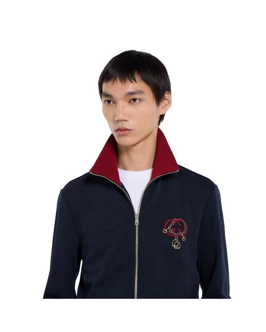 Gucci Blue Technical Jersey Zip Jacket With Embroidery for men