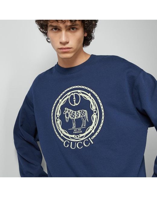 Gucci Blue Cotton Jersey Sweatshirt With Embroidery for men
