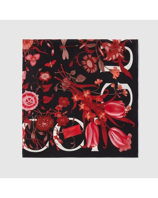 Gucci Red Vierecktuch Aus Seide Mit Blumen-Print