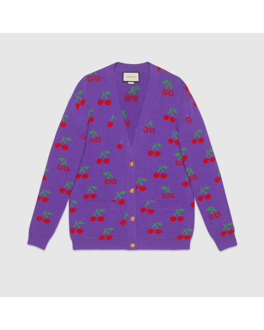 Gucci グッチGGチェリー ジャカード ウールニット カーディガン Purple