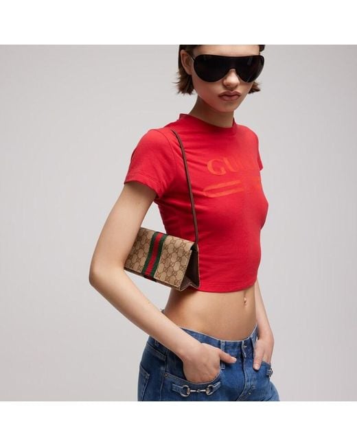 Gucci Natural Small Pouch With Strap And Web, Gg Canvas