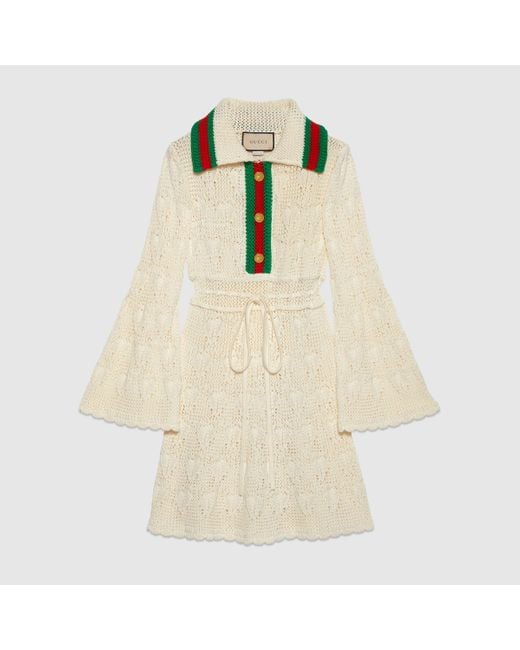 Gucci Natural Crochet Cotton Dress With Web