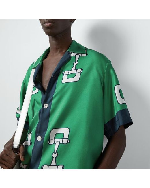 Gucci Green Silk Shirt With Horsebit Print for men