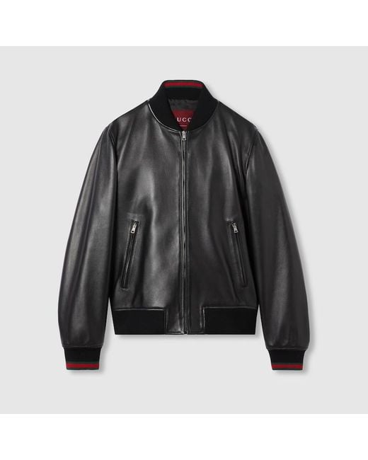 Gucci Black Leather Bomber Jacket With Web for men