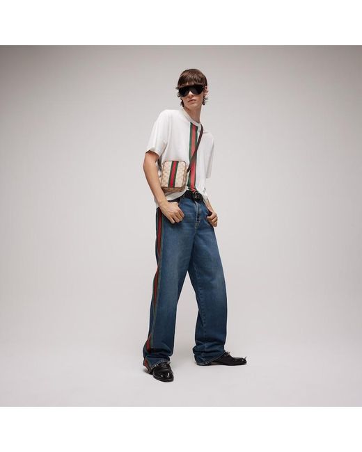 Gucci Blue Cotton Denim Pants With Web Insert for men