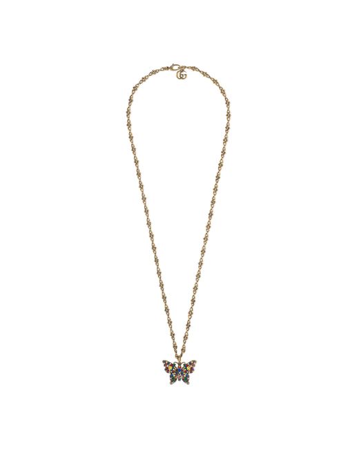 Gucci Metallic Halskette mit Schmetterling und Kristallen