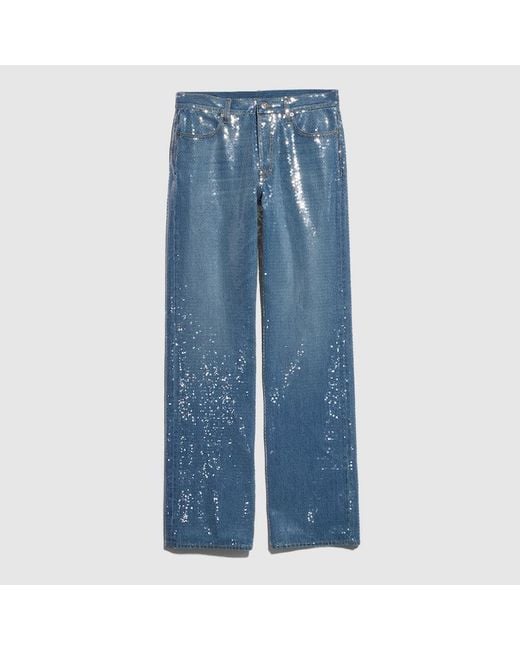 Gucci Blue Cotton Denim Pants With Sequins Embroidery for men