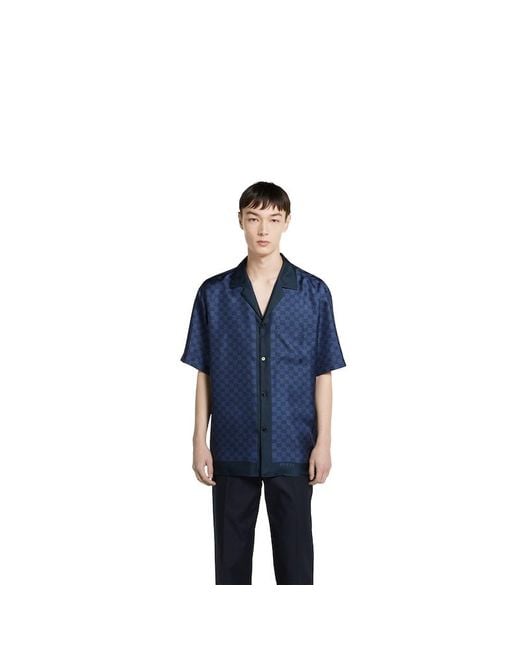 Gucci Blue Printed Silk Twill Bowling Shirt for men