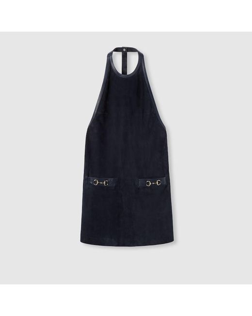 Gucci Blue Suede Halterneck Dress With Horsebit