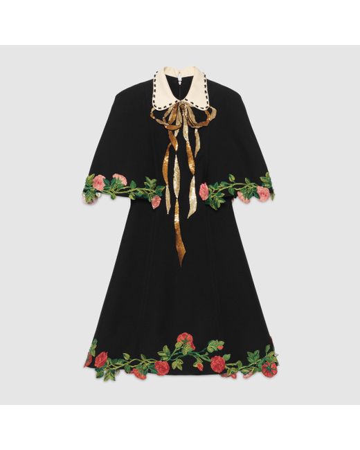 Gucci Black Embroidered Wool Silk Cape Dress