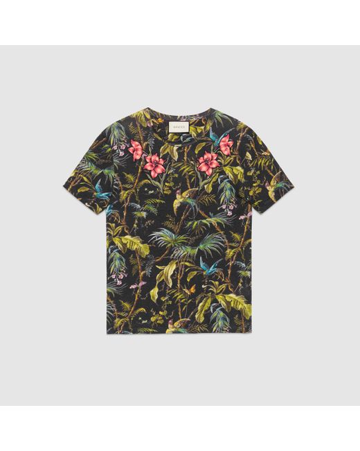 Gucci Multicolor Jungle-print And Appliqué Linen T-shirt for men