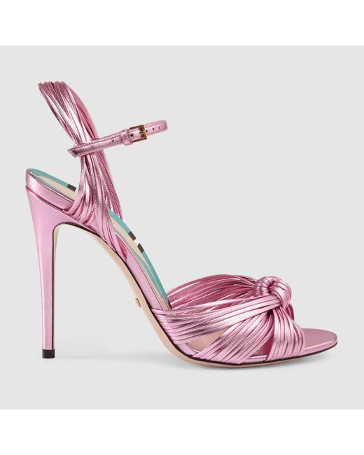 Gucci Pink Allie Knotted Metallic Leather Sandals