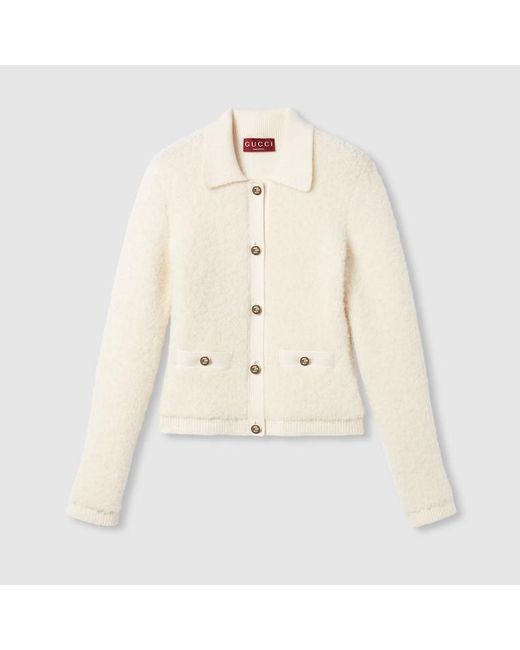 Gucci Natural Wool Bouclé Polo Cardigan, Ready-To-Wear