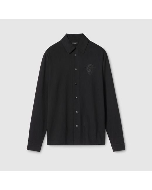 Gucci Black Cotton Piquet Shirt With Embroidery for men