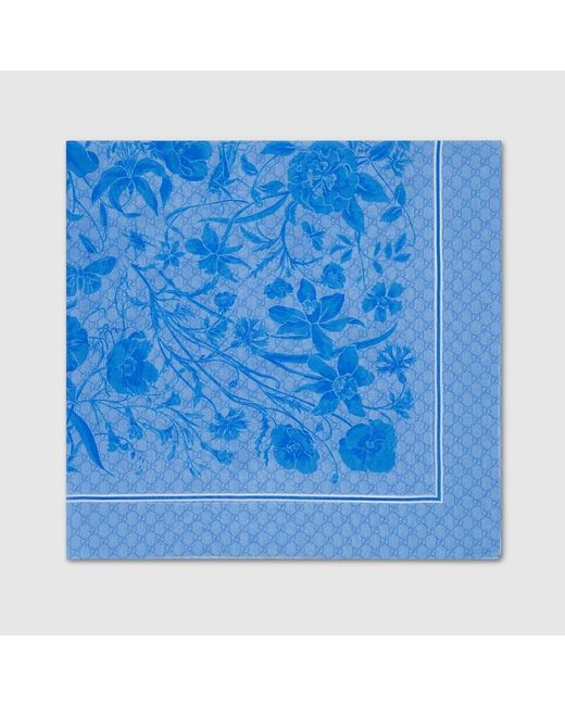 Gucci Blue GG Floral Print Silk Cotton Scarf