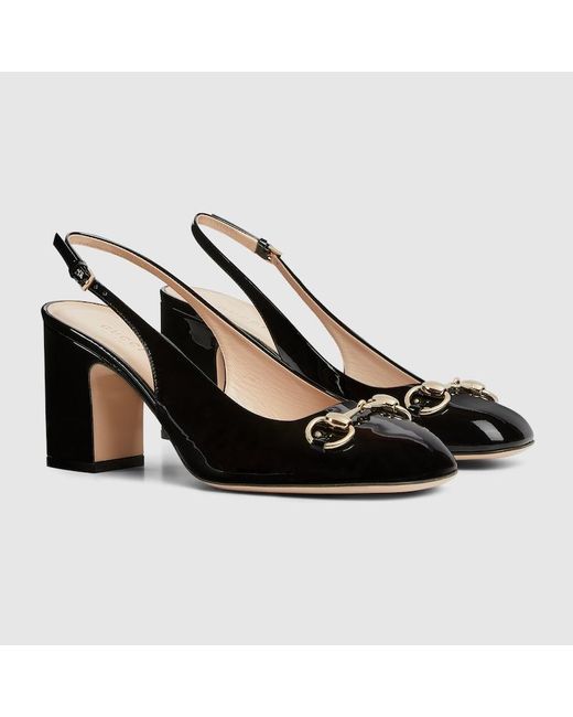 GG WOMEN'S HORSEBIT SLINGBACK 95MM IN BLACK CALFSKIN WITH RHINSTONES