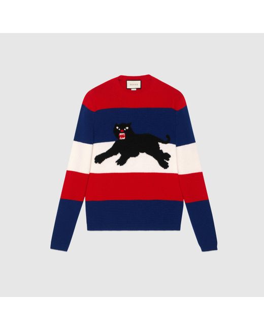 Gucci Blue Wool Sweater With Jacquard Panther for men