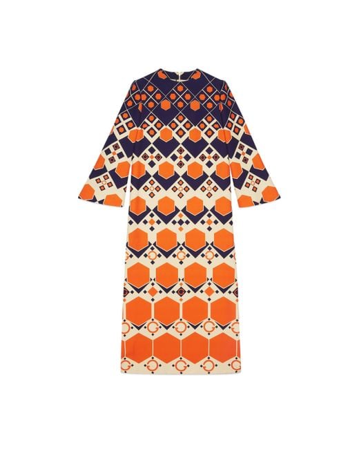 Gucci Orange Long G Hexagon Print Wool Silk Dress