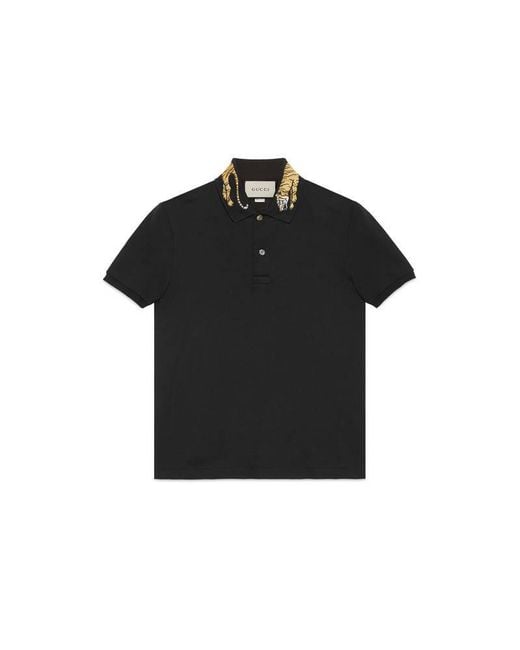 Gucci Black Cotton Polo With Tiger Embroidery for men