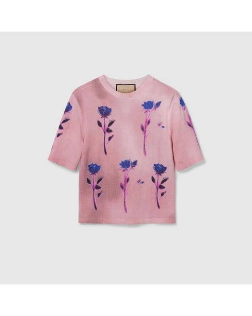 Gucci Pink Oberteil Aus Feiner Wolle Und Seide Mit Blumen-Print