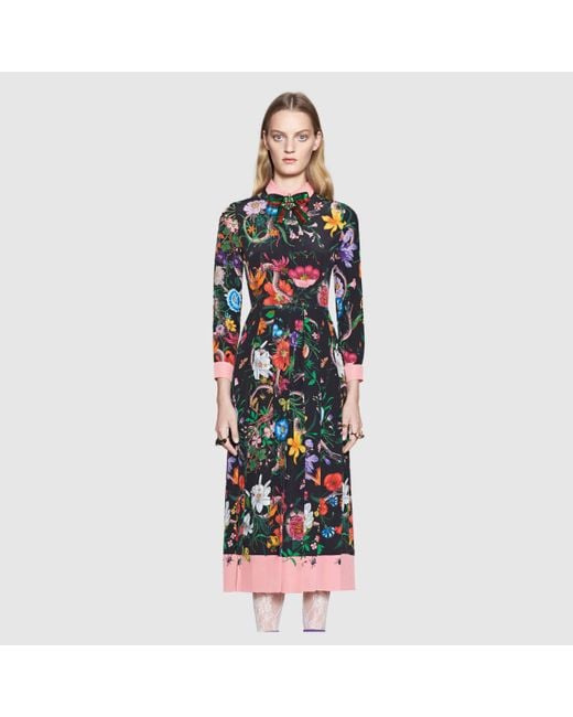 Gucci Flora Snake Print Silk Dress | Lyst