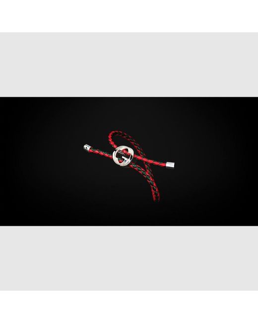 Gucci Red Braided Leather Bracelet With Web