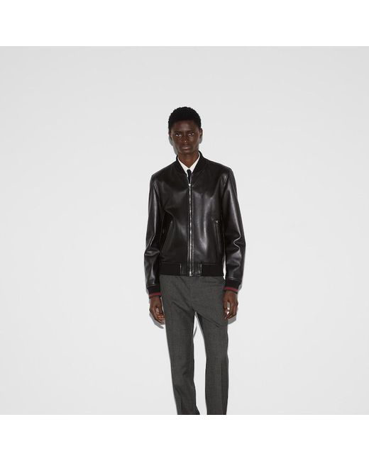 Gucci Black Leather Bomber Jacket With Web for men