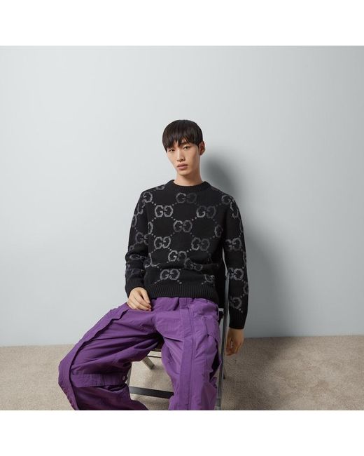 メンズ Gucci Gg インターシャ ウール セーター, ブラック, ウェア Black