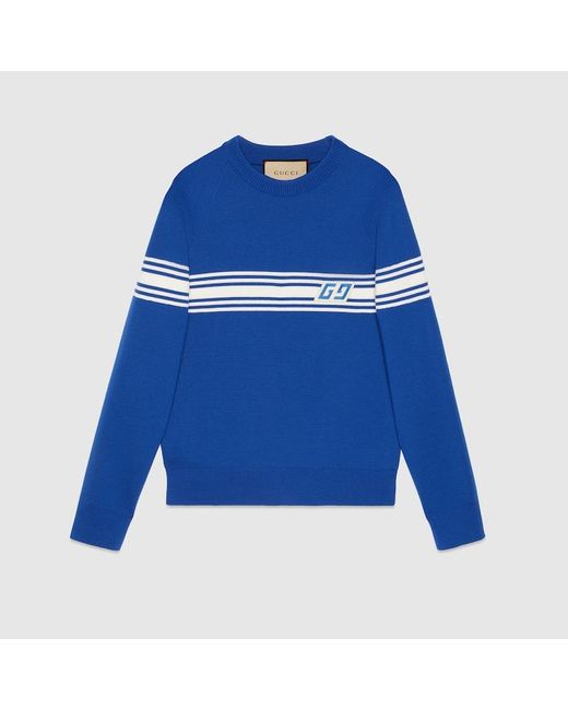 Gucci Blue Knit Wool Jumper With Square GG for men