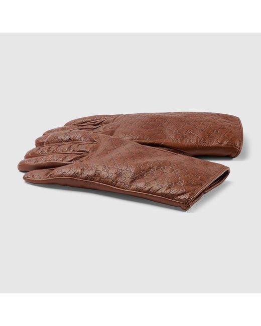 Gucci Brown Embossed Gg Leather Gloves for men