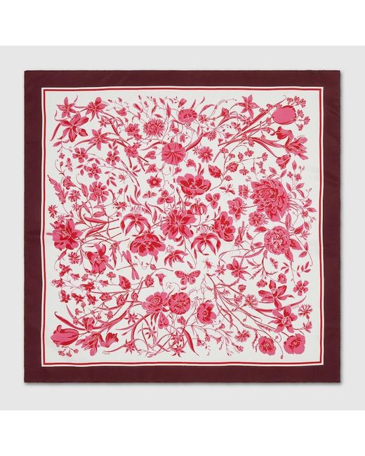 Gucci Red Floral Print Silk Scarf