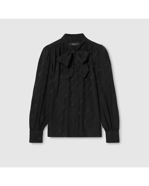 Gucci Black Silk Crêpe Satin Interlocking G Shirt
