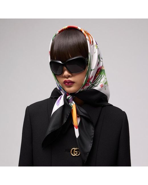 Gucci Black Printed Flora Silk Twill Carré