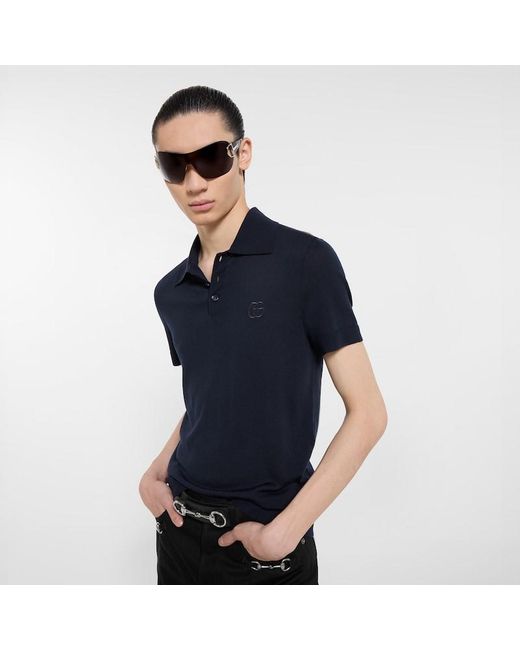 Gucci Blue Knit Wool Polo Shirt With Embroidery for men