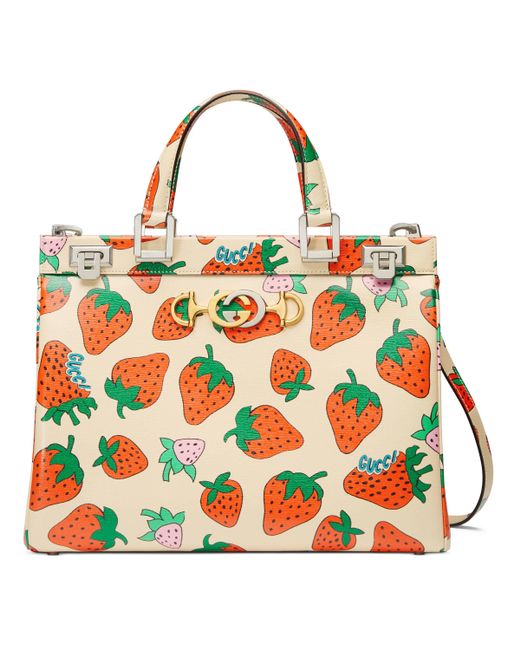 Gucci White Zumi Strawberry Print Medium Top Handle Bag