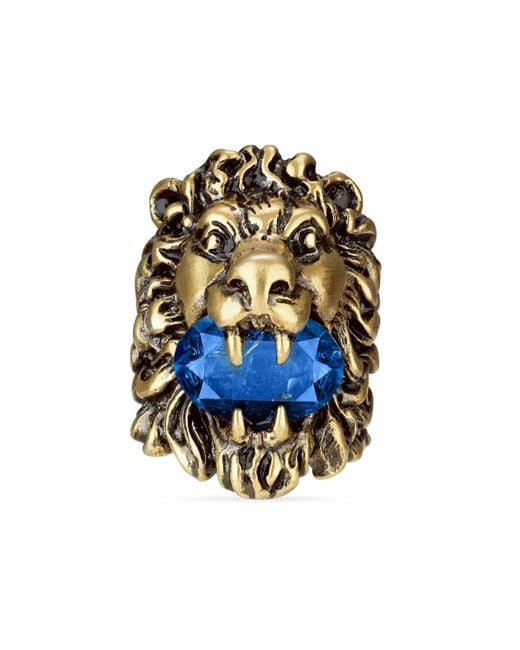 Gucci Blue Lion Head Ring With Crystal