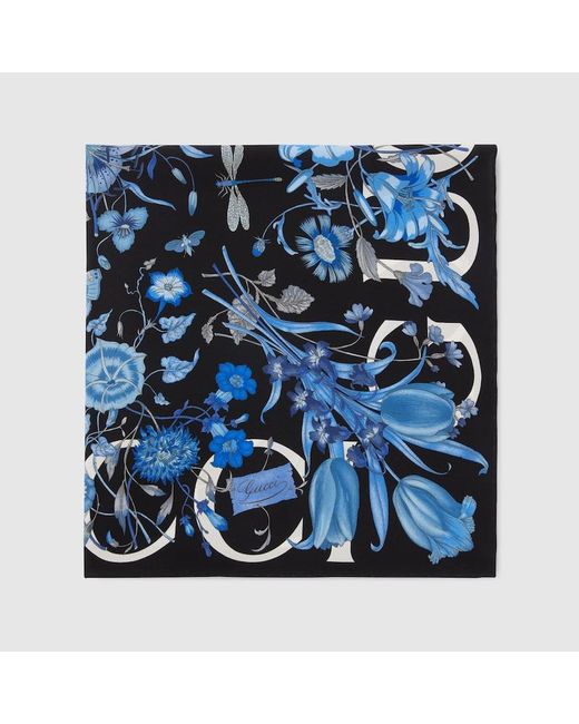 Gucci Blue Floral Print Silk Carré
