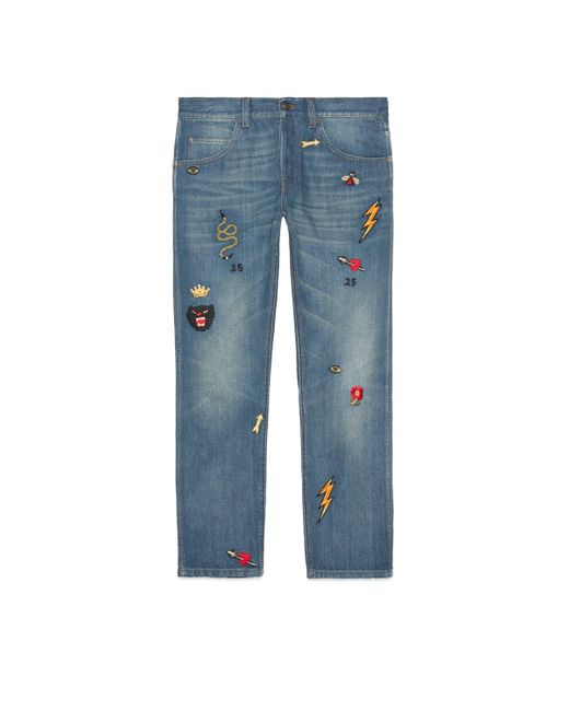 Pantalon en jean fuselé avec symboles Gucci pour homme en coloris Blue