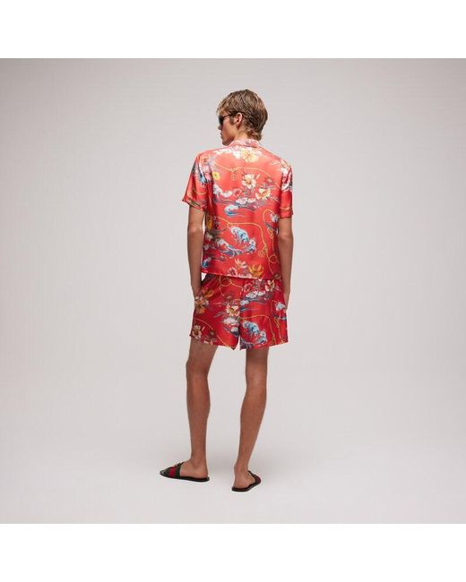 Gucci Red Printed Silk Twill Bowling Shirt for men