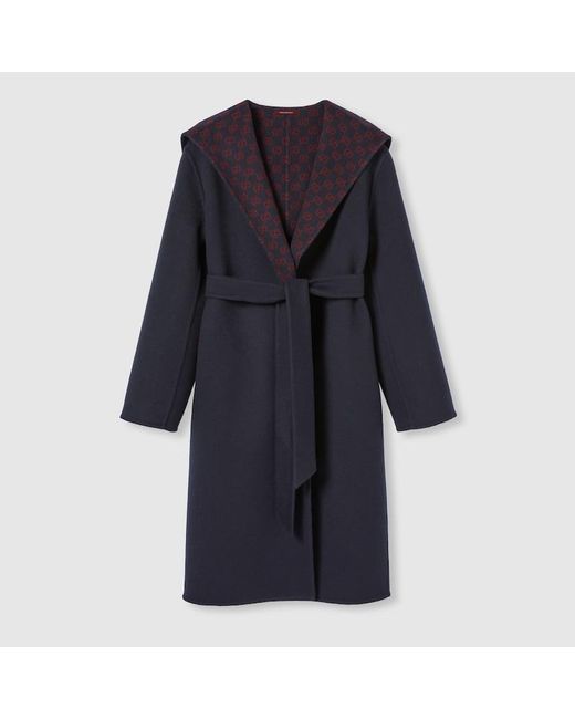 Gucci Blue Reversible Wool Silk Hooded Coat, Ready-To-Wear