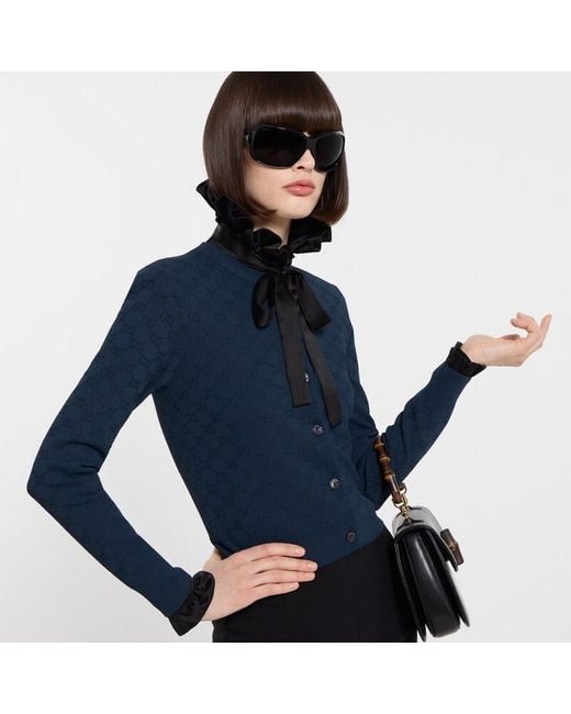 Gucci Blue Gg Fine Fabric Jacquard Cardigan
