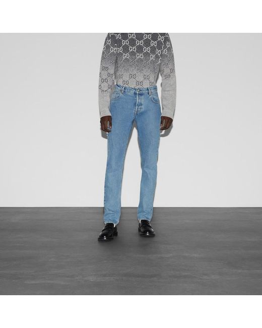 Pantalon En Denim Avec Bande Web, Taille Gucci pour homme en coloris Blue